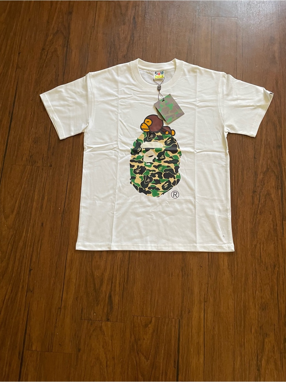 Bape White Tee with Green & Brown Camo Ape Head